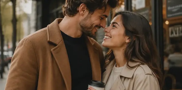 romantic couple outdoors near a cafe