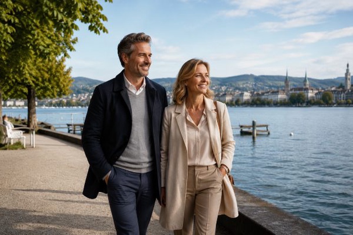 Ein Paar bei einem entspannten Spaziergang am Zürichsee im Kanton Zürich