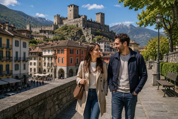 Coppia durante una passeggiata nel centro storico di Bellinzona