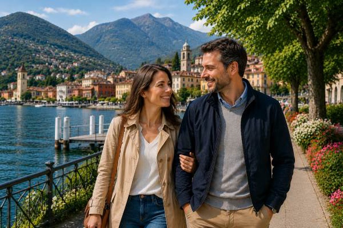 Una coppia durante una passeggiata sul lungolago nel Cantone Ticino