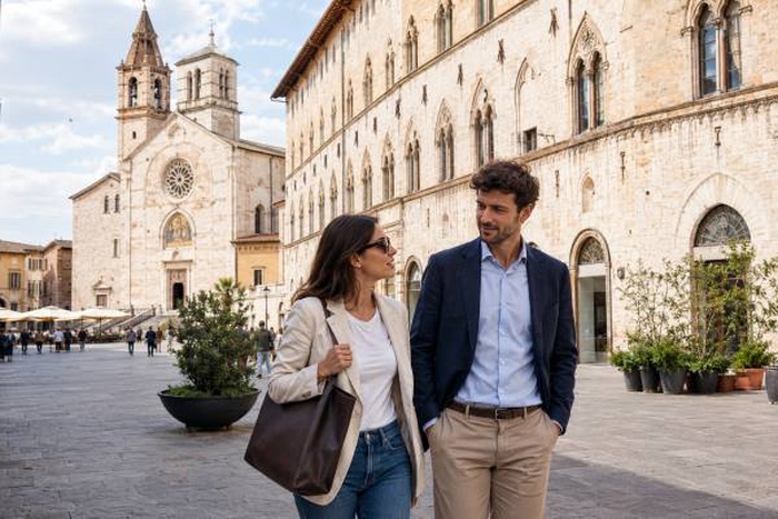 Coppia adulta in Piazza della Repubblica a Foligno con luce naturale