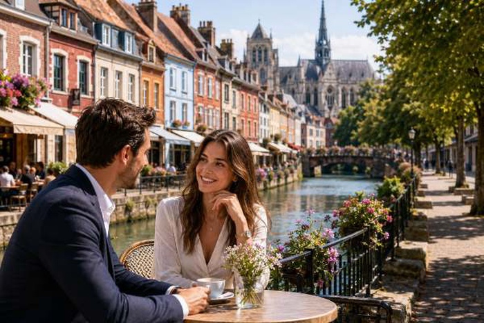 Un couple compatible échangeant lors d’un rendez-vous près des canaux du quartier Saint-Leu à Amiens