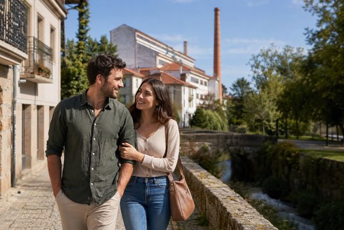 Duas pessoas jovens num encontro em Oliveira de Azeméis, num ambiente urbano tranquilo com luz natural.